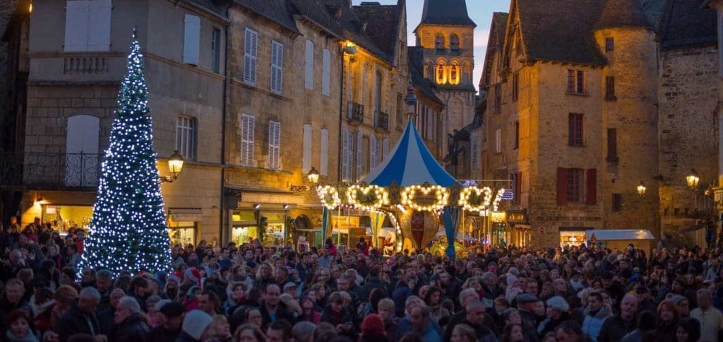 Dordogne Christmas Market with holiday stalls and lights