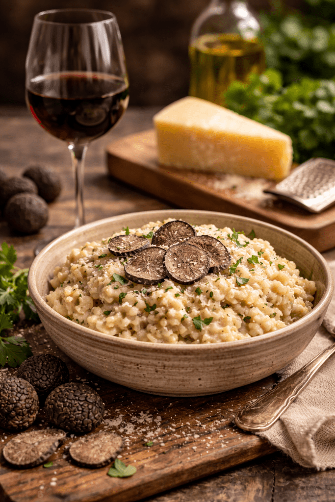 Truffle-scented risotto paired with wine, a classic example of pairing wine and truffles