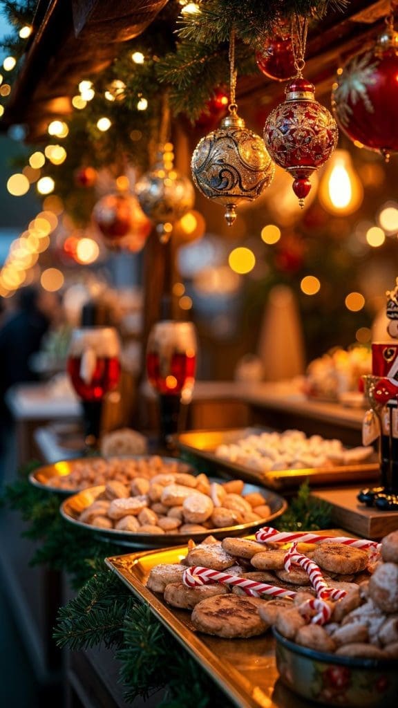 A Christmas market stall with trays of cookies, nuts, and Christmas decorations.