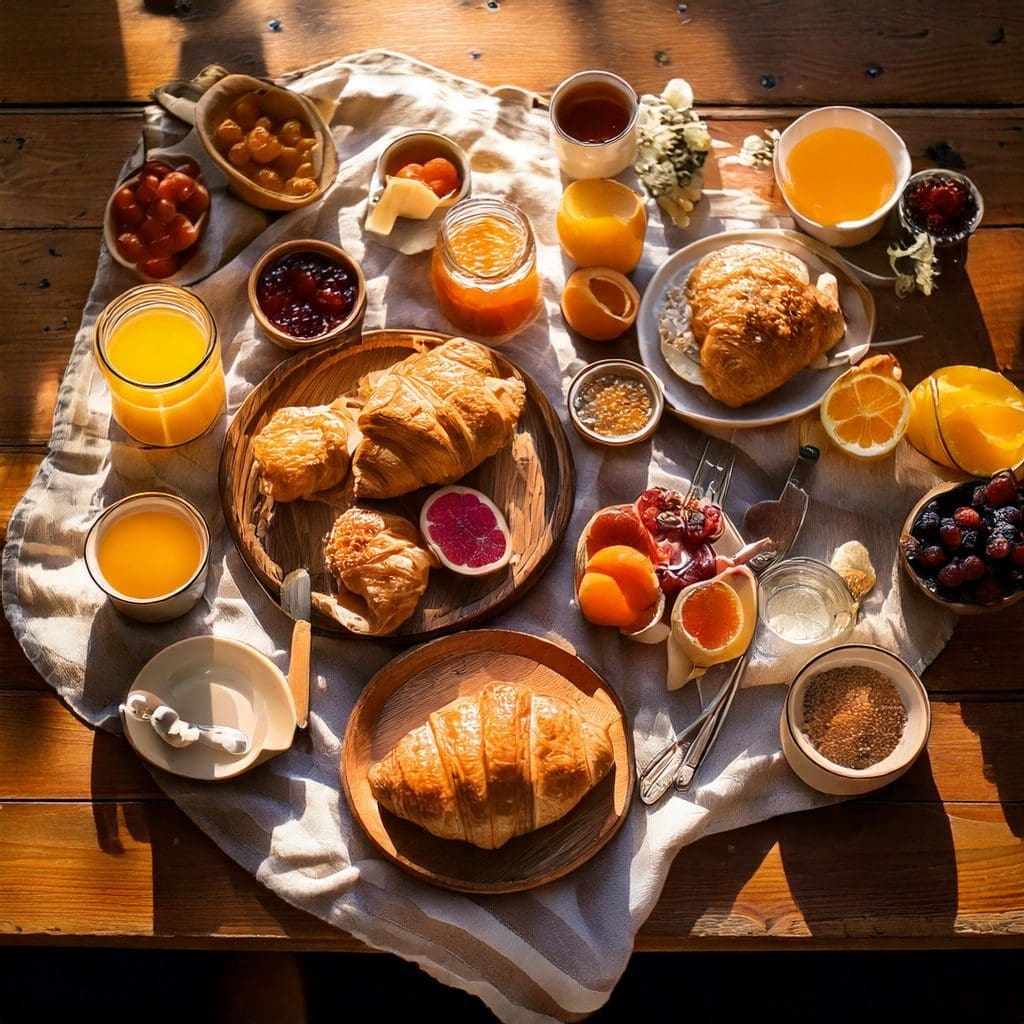 A breakfast bed and rental setup featuring fresh croissants, fruit, and orange juice, perfect for a top-rated B&B in Dordogne.