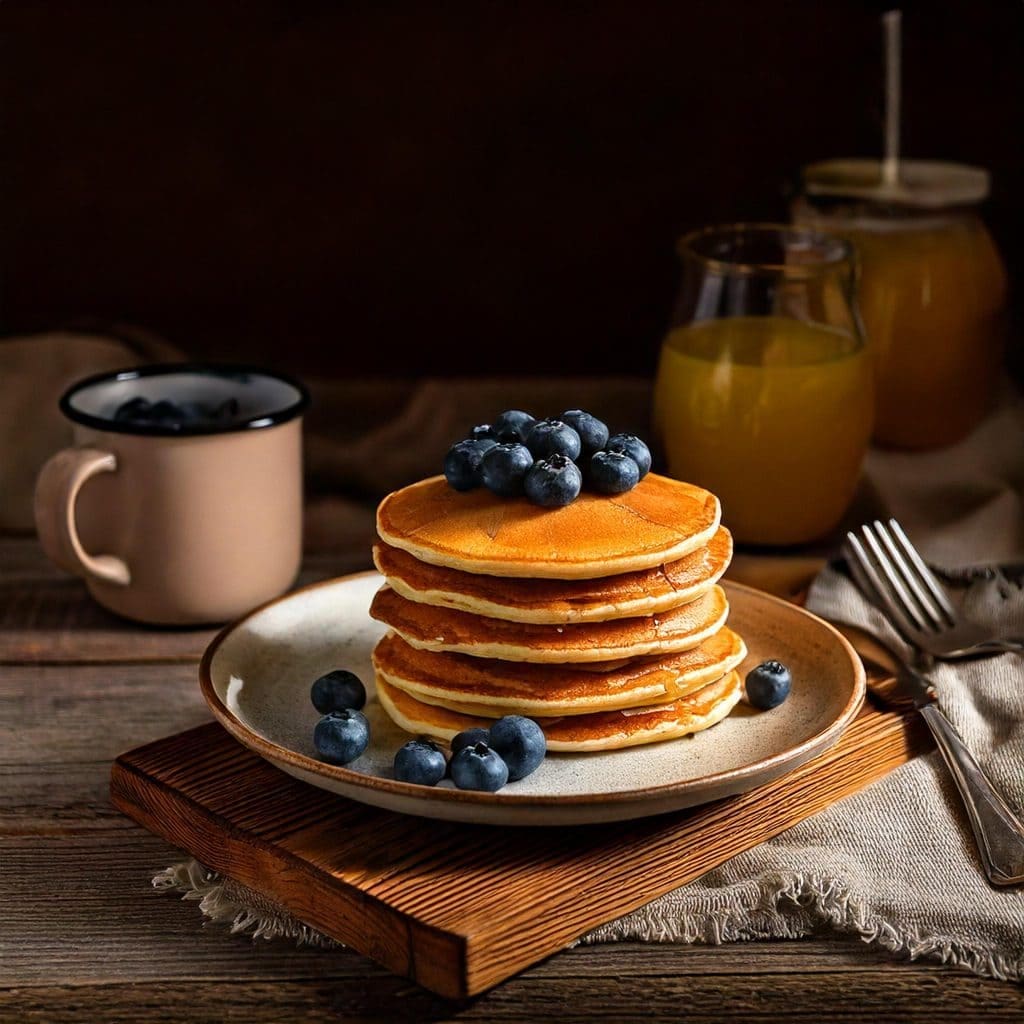 Stack of golden pancakes topped with fresh blueberries, served with orange juice and coffee at a breakfast bed and rental in Dordogne.
